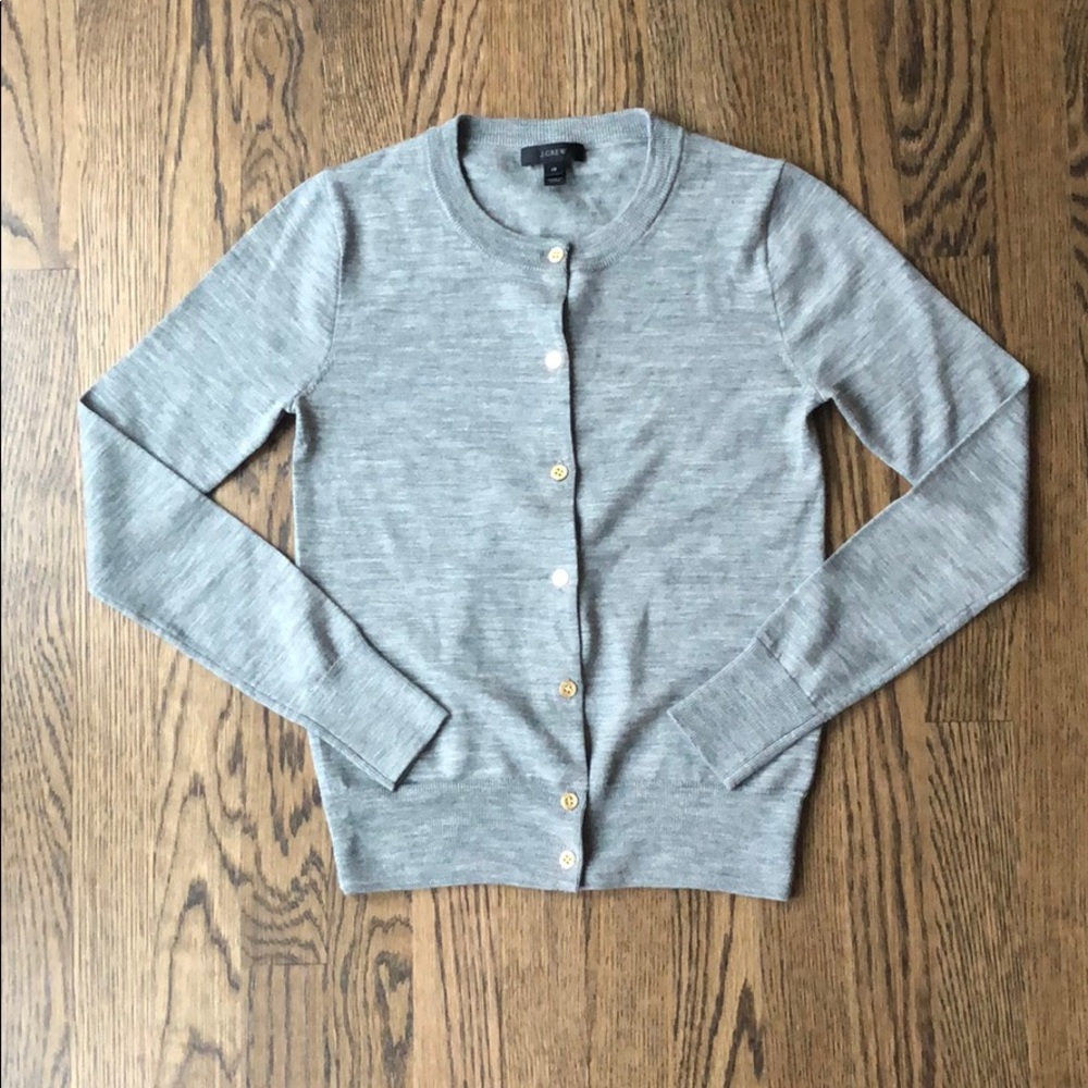 JCrew grey cardigan with gold buttons
